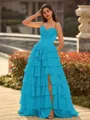 Perfect A-line Sweetheart Cascading Ruffles Sweep Train Chiffon Corset Prom Dress
