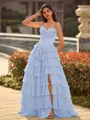 Perfect A-line Sweetheart Cascading Ruffles Sweep Train Chiffon Corset Prom Dress