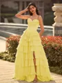 Perfect A-line Sweetheart Cascading Ruffles Sweep Train Chiffon Corset Prom Dress