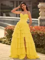 Perfect A-line Sweetheart Cascading Ruffles Sweep Train Chiffon Corset Prom Dress