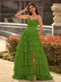 Perfect A-line Sweetheart Cascading Ruffles Sweep Train Chiffon Corset Prom Dress