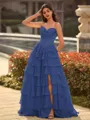 Perfect A-line Sweetheart Cascading Ruffles Sweep Train Chiffon Corset Prom Dress
