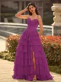 Perfect A-line Sweetheart Cascading Ruffles Sweep Train Chiffon Corset Prom Dress