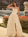 Perfect A-line Sweetheart Cascading Ruffles Sweep Train Chiffon Corset Prom Dress