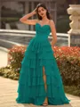 Perfect A-line Sweetheart Cascading Ruffles Sweep Train Chiffon Corset Prom Dress