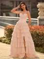 Perfect A-line Sweetheart Cascading Ruffles Sweep Train Chiffon Corset Prom Dress
