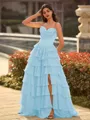 Perfect A-line Sweetheart Cascading Ruffles Sweep Train Chiffon Corset Prom Dress