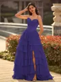 Perfect A-line Sweetheart Cascading Ruffles Sweep Train Chiffon Corset Prom Dress