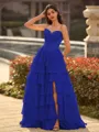 Perfect A-line Sweetheart Cascading Ruffles Sweep Train Chiffon Corset Prom Dress