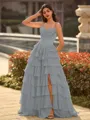 Perfect A-line Sweetheart Cascading Ruffles Sweep Train Chiffon Corset Prom Dress