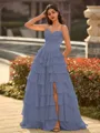 Perfect A-line Sweetheart Cascading Ruffles Sweep Train Chiffon Corset Prom Dress