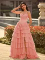 Perfect A-line Sweetheart Cascading Ruffles Sweep Train Chiffon Corset Prom Dress