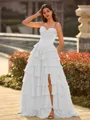 Perfect A-line Sweetheart Cascading Ruffles Sweep Train Chiffon Corset Prom Dress