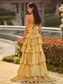 Trendy A-line Straight Cascading Ruffles Sweep Train Silk Like Satin Corset Prom Dress