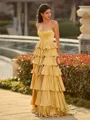 Trendy A-line Straight Cascading Ruffles Sweep Train Silk Like Satin Corset Prom Dress