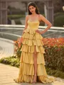 Trendy A-line Straight Cascading Ruffles Sweep Train Silk Like Satin Corset Prom Dress