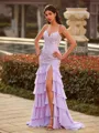 Glam Sheath V-Neck Appliques Lace Sweep Train Chiffon Prom Dress