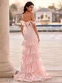 Unique Sheath Off-the-Shoulder Appliques Lace Sweep Train Tulle Corset Prom Dress