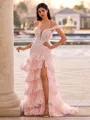 Unique Sheath Off-the-Shoulder Appliques Lace Sweep Train Tulle Corset Prom Dress