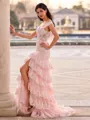 Unique Sheath Off-the-Shoulder Appliques Lace Sweep Train Tulle Corset Prom Dress