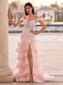 Unique Sheath Off-the-Shoulder Appliques Lace Sweep Train Tulle Corset Prom Dress