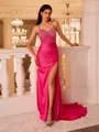 Delicate Sheath Spaghetti Straps Beading Court Train Corset Prom Dress