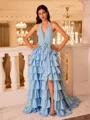 Splendid A-line Halter Bow Sweep Train Corset Prom Dress