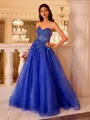 Graceful A-line Sweetheart Appliques Lace Sweep Train Tulle Corset Prom Dress