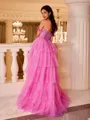 Grand A-line Straps Cascading Ruffles Sweep Train Tulle Corset Prom Dress