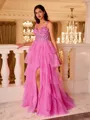 Grand A-line Straps Cascading Ruffles Sweep Train Tulle Corset Prom Dress