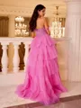 Grand A-line Straps Cascading Ruffles Sweep Train Tulle Corset Prom Dress