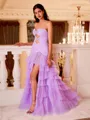 Gorgeous Sheath Sweetheart Cascading Ruffles Sweep Train Tulle Prom Dress