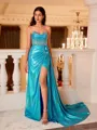 Luxurious Sheath Sweetheart Beading Court Train Metallic Satin Corset Prom Dress