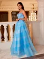 Pretty A-line Straps Appliques Lace Sweep Train Tulle Prom Dress