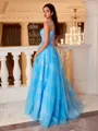 Pretty A-line Straps Appliques Lace Sweep Train Tulle Prom Dress