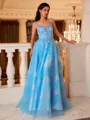 Pretty A-line Straps Appliques Lace Sweep Train Tulle Prom Dress