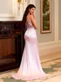 Mesmerizing Sheath V-Neck Appliques Lace Sweep Train Silk Like Satin Prom Dress