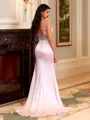 Mesmerizing Sheath V-Neck Appliques Lace Sweep Train Silk Like Satin Prom Dress