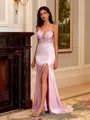 Mesmerizing Sheath V-Neck Appliques Lace Sweep Train Silk Like Satin Prom Dress
