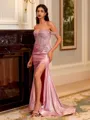 Magnificent Sheath Off-the-Shoulder Rhinestone Sweep Train Metallic Satin Corset Prom Dress