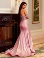 Magnificent Sheath Off-the-Shoulder Rhinestone Sweep Train Metallic Satin Corset Prom Dress