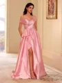 Perfect A-line Off-the-Shoulder Ruffles Sweep Train Silk like Satin Prom Dress