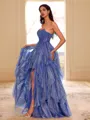 Unique A-line Straight Cascading Ruffles Floor-Length Corset Prom Dress
