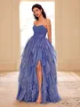 Unique A-line Straight Cascading Ruffles Floor-Length Corset Prom Dress