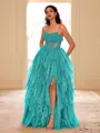 Unique A-line Straight Cascading Ruffles Floor-Length Corset Prom Dress