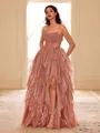 Unique A-line Straight Cascading Ruffles Floor-Length Corset Prom Dress