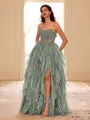 Unique A-line Straight Cascading Ruffles Floor-Length Corset Prom Dress