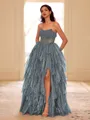 Unique A-line Straight Cascading Ruffles Floor-Length Corset Prom Dress