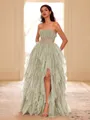 Unique A-line Straight Cascading Ruffles Floor-Length Corset Prom Dress