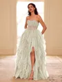 Unique A-line Straight Cascading Ruffles Floor-Length Corset Prom Dress